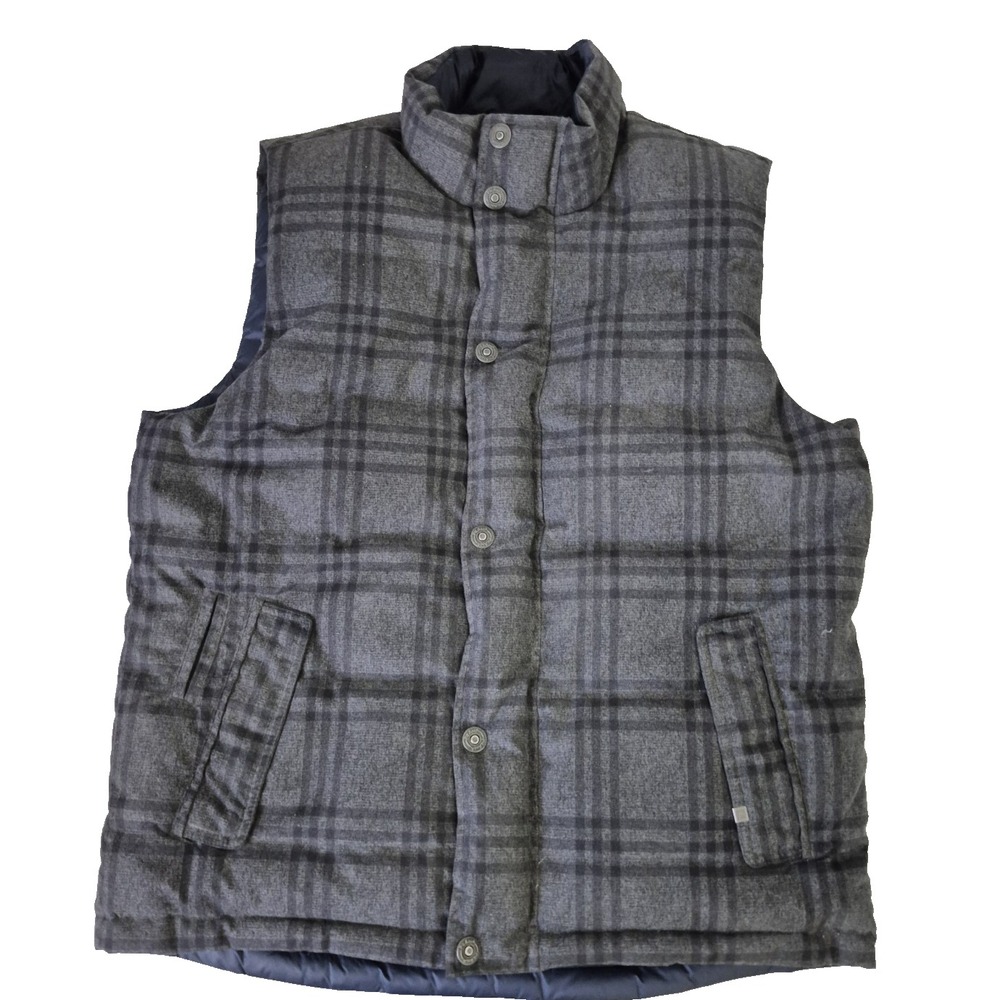 prAna Down Portal Vest Mens Large‎ Gray Plaid/Blue Reversible Outdoor M1PRTL315